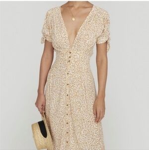 Button-Front Floral Midi Dress in Light Cream